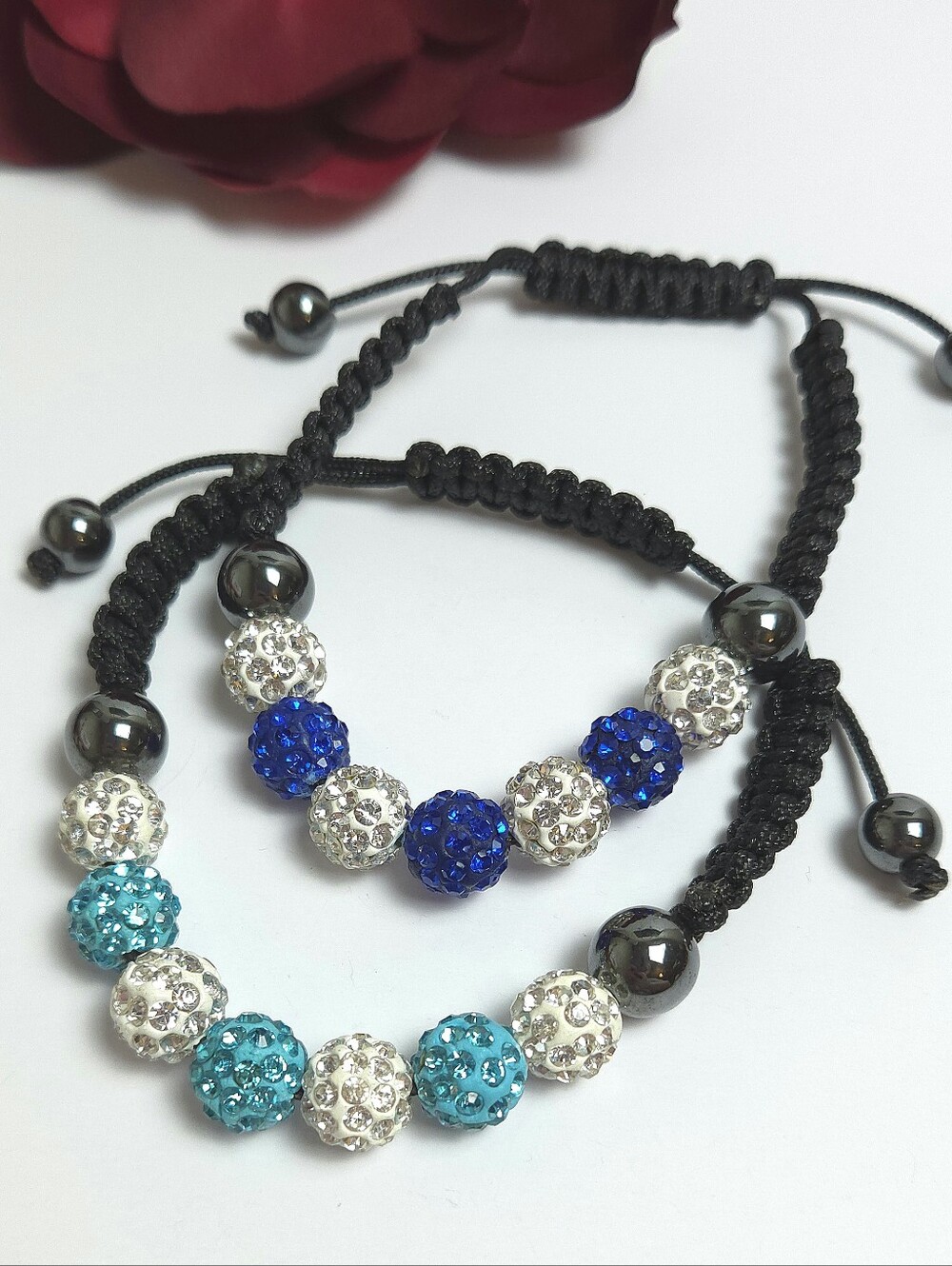 2 Handmade Shamballa Crystal Beaded Macrame Bracelets Light & Dark Blue